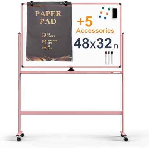 Large Dry-Erase Rolling Magnetic Whiteboard - 48 x 32 Inches Dry Erase Board with Stand Height Adjust Double Sides Mobile Whi
