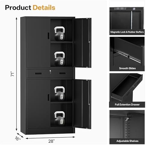 Metal Storage Cabinets with 1Drawer, 71" Storage Cabinet with 4 Locking Doors and 2 Adjustable Shelves, Steel  — view 3