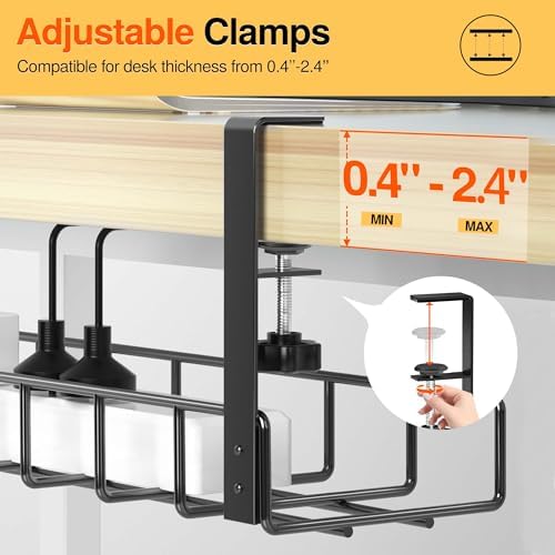 2 Pack Cable Management Under Desk Tray, 31.4" No Drill Under Desk Wire Management with Upgraded Clamp, Metal  — view 6