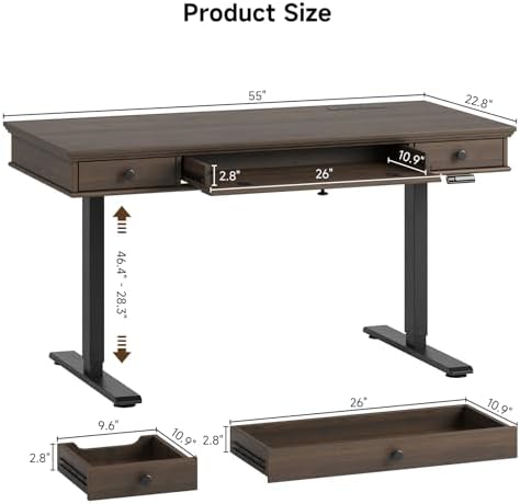 55 x 23 Inch Electric Standing Desk with Drawers, Dark Walnut — view 2