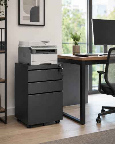 Fully Assembled 3 Drawer Mobile File Cabinet with Lock, Black — view 2