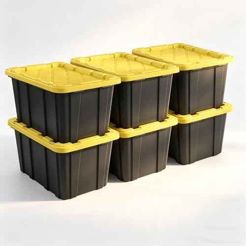 6 Pack, Large 27 Gallon Durable Plastic Storage Bin with Snap-On Lid, Storage Bin for Home Garage Organization, Black and Yel