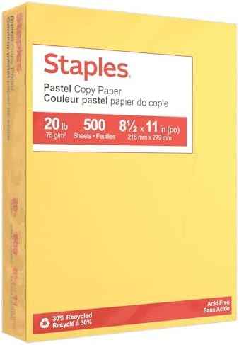 Staples 30% Recycled Copy Paper, 8.5x11 Inch, 20 lb., Canary, 500 Sht