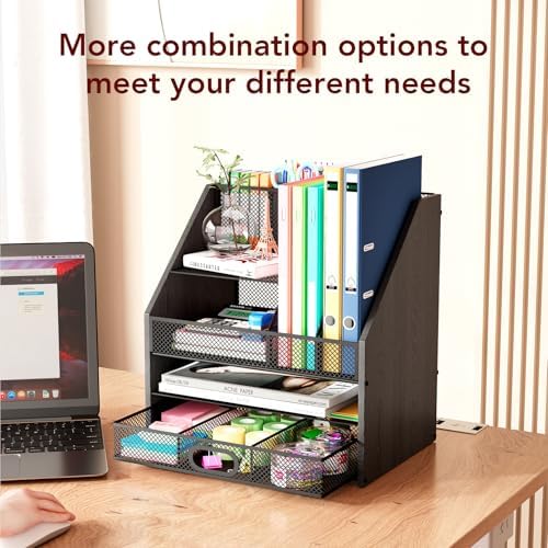 Homsorout Wooden Desk Organizer - Mesh File Organizer with Drawers and Pen Holder - 4-Tier Vertical Paper Lett — view 7
