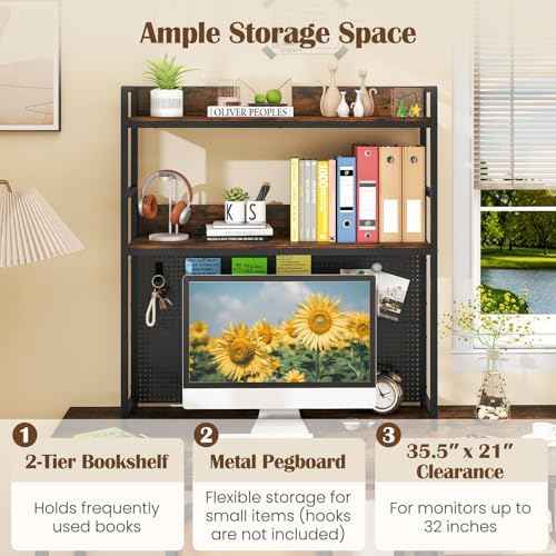 Giantex Desktop Bookshelf, 2-Tier Desk Hutch Dorm with Pegboard for up to 32" Computer Monitor, Industrial Cou — view 5