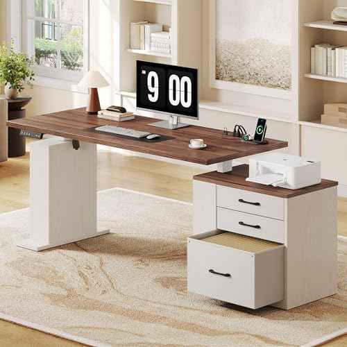 75.5 Inches Electric Standing Desk with Drawers Farmhouse Sit Stand Desk with Storage Adjustable Height Computer Desk with Po