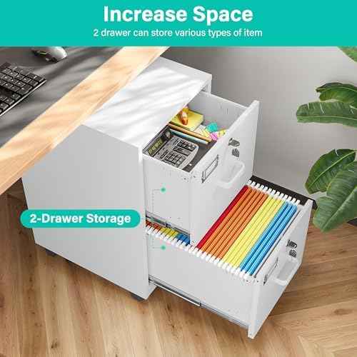 SISESOL 2 Drawer File Cabinet with Lock and Wheels,White Rolling File Cabinets,Locking Mobile Metal Filing Cab — view 4
