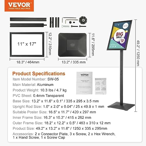 VEVOR Pedestal Sign Holder, 11 x 17 Inch Vertical and Horizontal Adjustable Poster Stand, Heavy-Duty Floor Sta — view 7