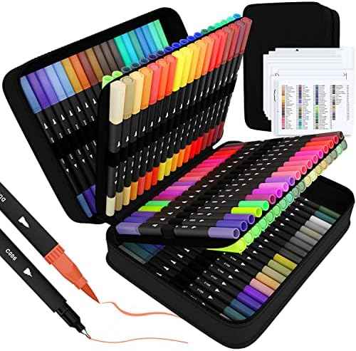 Art Supplier Dual Brush Markers Pens, 110 Artist Coloring Marker Set | Fineliner & Brush Tip Pen with Premium Case, Double Ti
