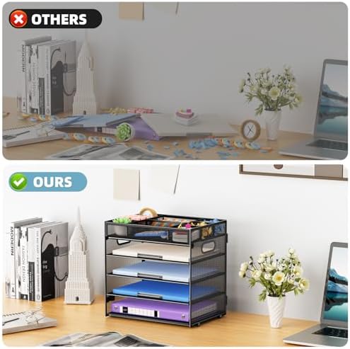 Marbrasse 5 Tier Paper Organizer, Mesh Desk Letter Tray with Handle,Black — view 5