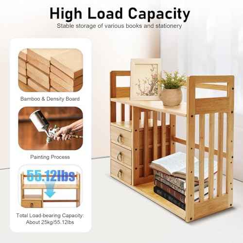 Desktop Storage Shelf, Bamboo Home Office Storage Rack with 3 Drawers, Modern Rectangular Desktop Organizer, F — view 3