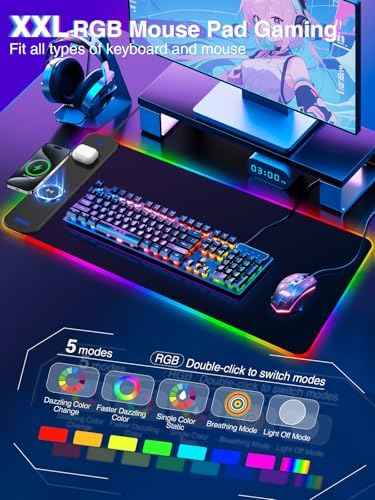 Magnetic Charging Mouse Pad 31.5x15.75, 15W Fast Wireless Charging Desk Mat, XXL Desk Pad RGB Gaming Mousepad, — view 2