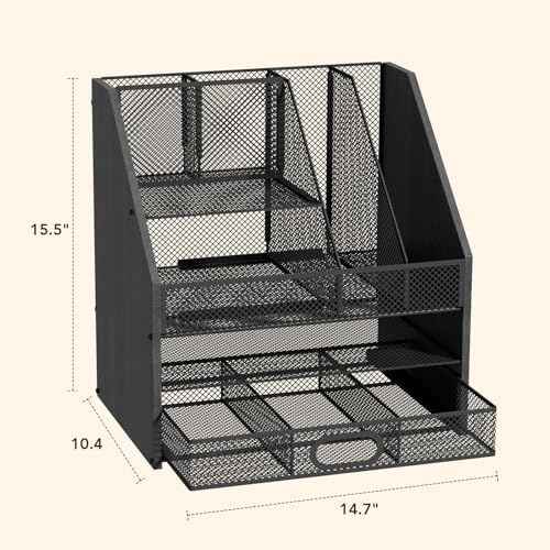 Homsorout Wooden Desk Organizer - Mesh File Organizer with Drawers and Pen Holder - 4-Tier Vertical Paper Lett — view 4