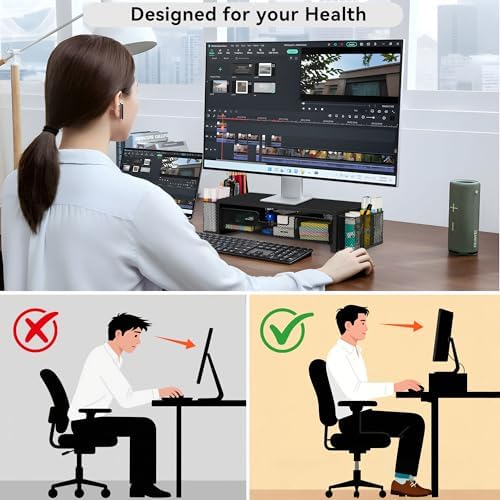 Qupui Computer Monitor Stand Riser with Drawer and Pen Holders, Desk — view 4