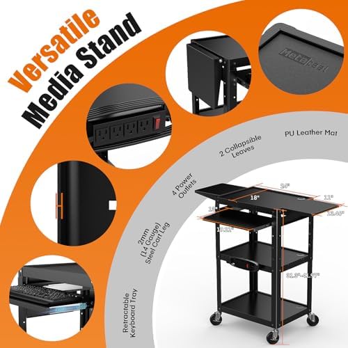 All-Steel Rolling AV Cart with Adjustable Height & Built-in Power – Heavy-Duty Media Workstation with Drop-Lea — view 7