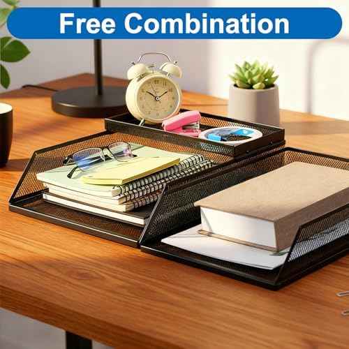 4-Piece Desk Organizer Set with 3 Slanted Paper Trays and Top Caddy, Metal Mesh Desktop File Organizer, Stacka — view 4