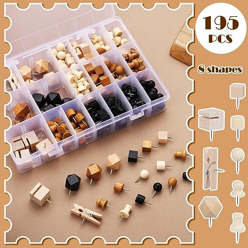 196 PCS Wooden Push Pins Thumb Tacks Decorative Push Pins for Cork Board — view 3