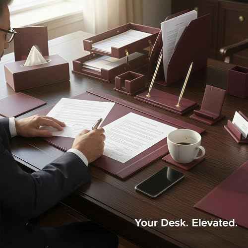 Leather Desk Set,13-Piece Desk Organizer Set, Executive Office Accessories with Desk Pad & Blotter, 2-Tier Tra — view 6