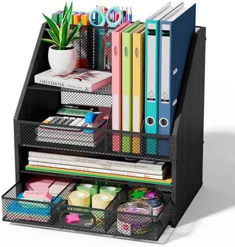 Homsorout Wooden Desk Organizer - Mesh File Organizer with Drawers and Pen Holder - 4-Tier Vertical Paper Letter Storage Tray