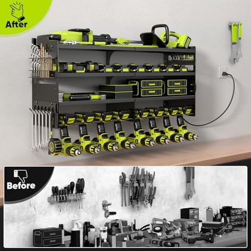 POKIPO Large Power Tool Organizer Wall Mount with Charging Station,4 Layer Heavy Duty Metal Tool Storage Rack  — view 6
