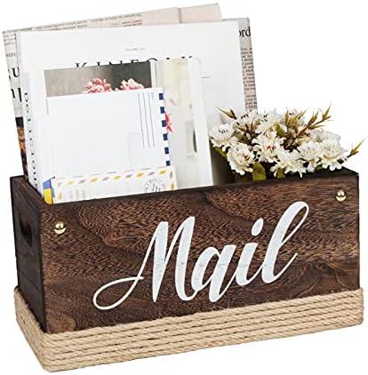 J JACKCUBE DESIGN Rustic Torched Wooden Tabletop Mail Organizer Box, Decorative Letter, Bill Storage Holder Sorter Box with H