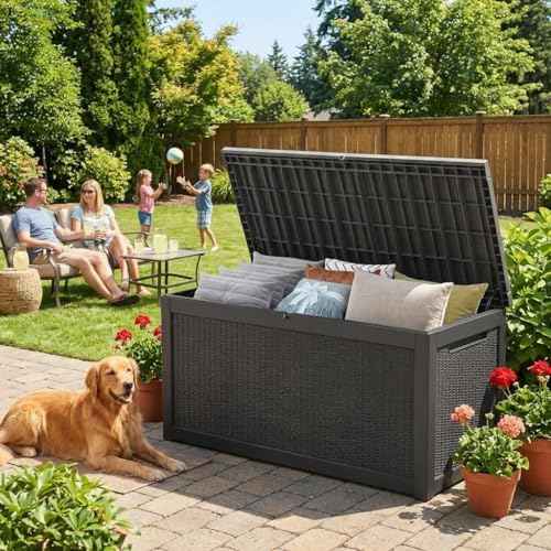 Outdoor Storage Box 325GAL Waterproof Resin Deck Box,Pool Accessories Supplies，UV-Resistant Lockable Package D — view 3
