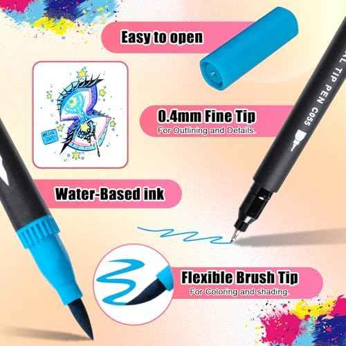 Art Supplier Dual Brush Markers Pens, 110 Artist Coloring Marker Set | Fineliner & Brush Tip Pen with Premium  — view 2