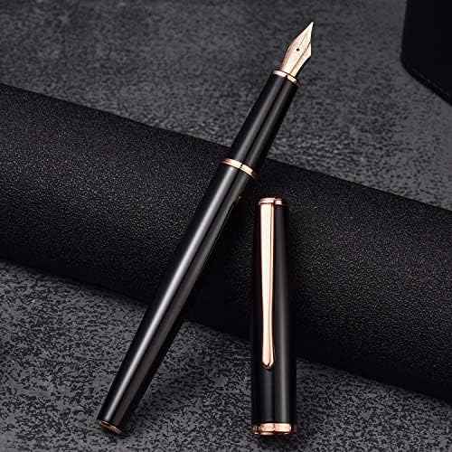 HongDian 920 Black Metal Fountain Pen, Rose Gold Plated Fine Nib Smooth Writing Pen, Classic Pen with Ink Converter