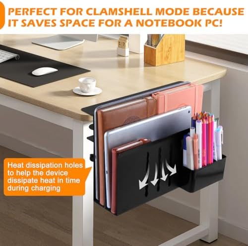 Desk Side Storage, 2 Tier Steel Hanging Organizer, No Drill Side Desk Organizer, Laptop Holder, with Pen Holde — view 3