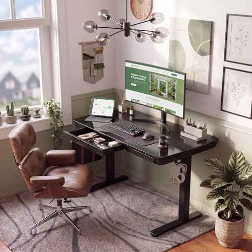 INNOVAR 32" Small Glass Standing Desk with Drawers & USB Ports, Whole-Piece Glass Top Adjustable Height Desks, — view 2