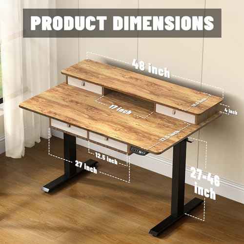 48 * 30 Inches Electric Standing Widened Desk Adjustable Height with 4 Drawers, Double Storage Shelves Stand U — view 3