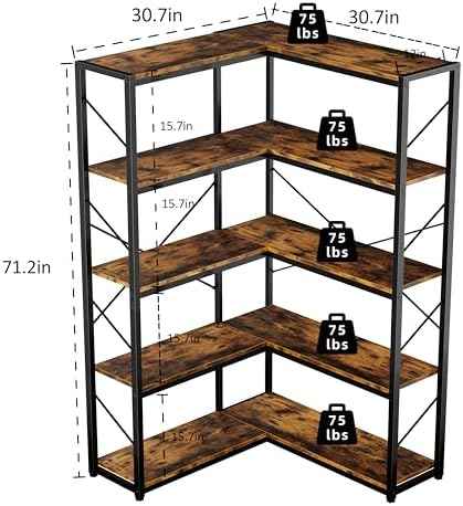 Shintenchi 5 Tier Corner Bookshelf, L Shaped Large Bookcase, Rustic Brown — view 2