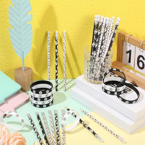 Sabary 48 Pcs Sports Pencils Silicone Bracelets Set Soccer Football Basketball Baseball Wooden Pencil Rubber W — view 7