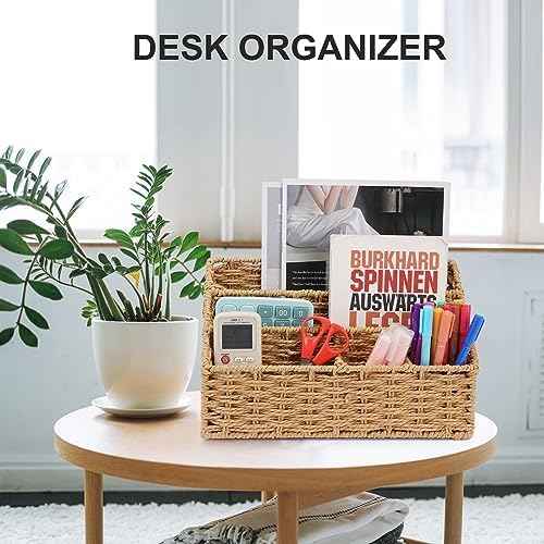 Woven Mail Organizer for Desk Countertop, Desktop Mail Holder Sorter Storage Basket with Envelope Letter File  — view 2