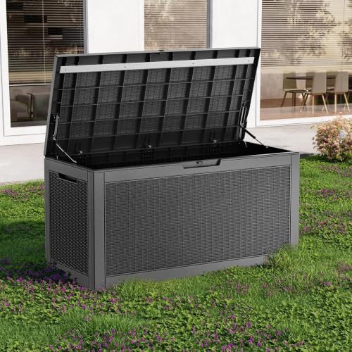 PatioZen 150 Gallon Resin Deck Box, Lockable Patio Outdoor Storage Box for Furniture, Garden Tools and Tools S — view 6