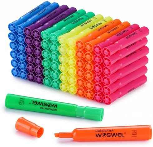 WOSWEL Highlighters Bulk, 72 Pack Tank Style Highlighters Assorted Fluorescent Colors Set, 6 Bright Colors Chisel Tip Highlig