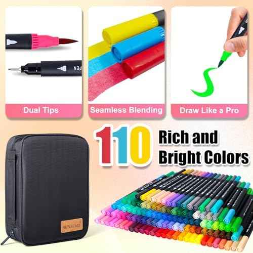 Art Supplier Dual Brush Markers Pens, 110 Artist Coloring Marker Set | Fineliner & Brush Tip Pen with Premium  — view 3