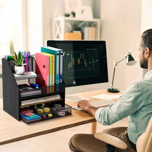 Homsorout Wooden Desk Organizer - Mesh File Organizer with Drawers and Pen Holder - 4-Tier Vertical Paper Lett — view 3