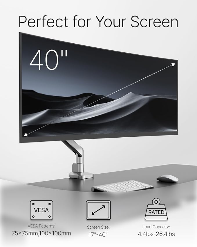 monTEK Deluxe Monitor Arm up to 40 Inch Holds 26.4 lbs Curved Screens Aluminum — view 3