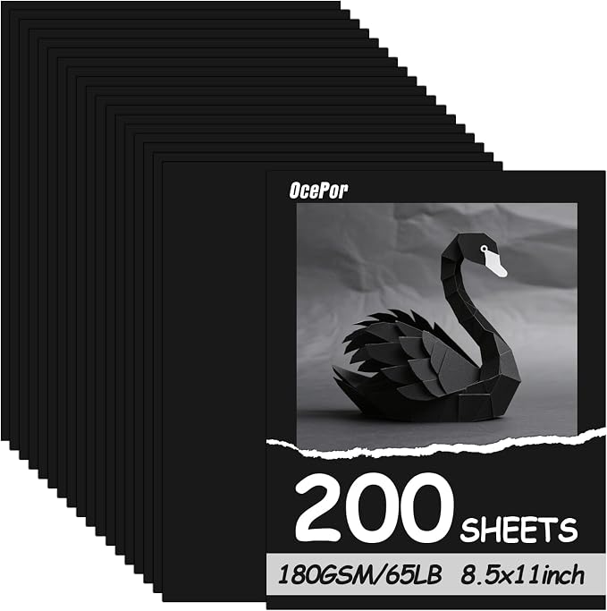 OcePor 200 Sheets Black Cardstock 8.5” x 11”, 65lb/180gsm Black Card Stock