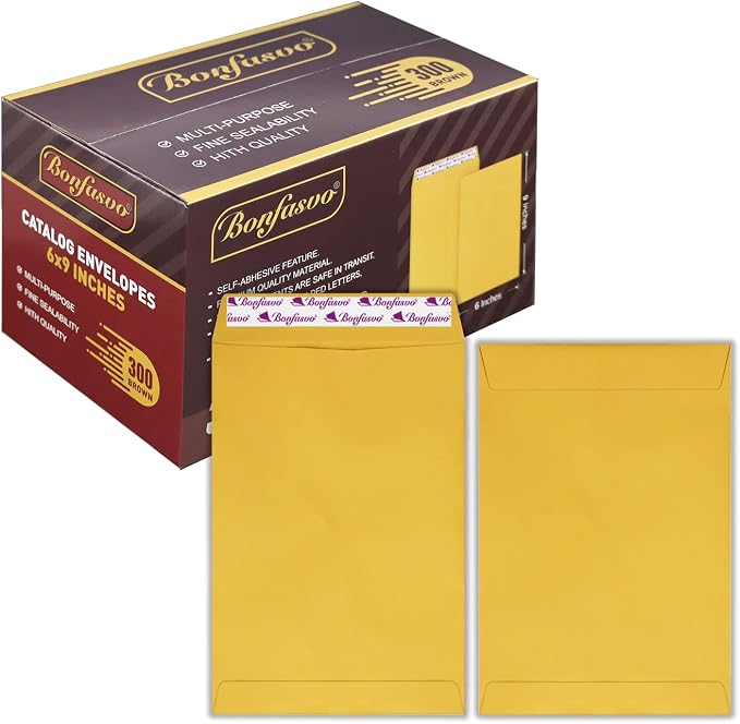 Bonfasvo 300 Pack 6x9 Brown Catalog Envelopes Peel & Seal Security Mailing