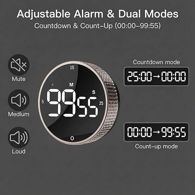 Rechargeable Magnetic Kitchen Timer, LED Countdown/Up Timer, Supports USB-C — view 6
