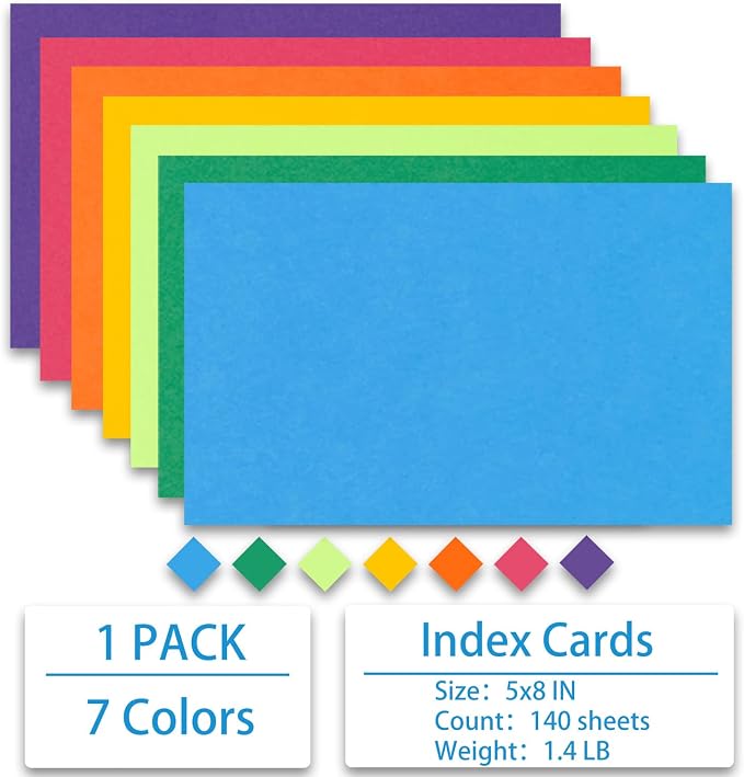Index Cards 140-Count 5x8 Inch, 178GSM Heavyweight Set of 7 Colors Paper — view 3