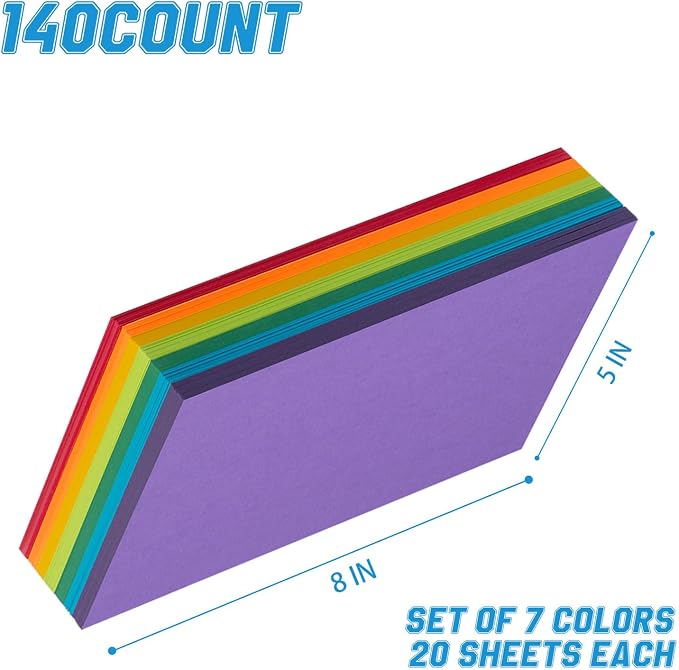 Index Cards 140-Count 5x8 Inch, 178GSM Heavyweight Set of 7 Colors Paper — view 2