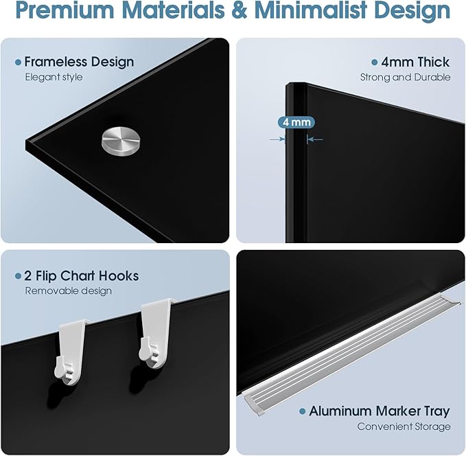 MaxGear Glass Whiteboard, Tempered Magnetic Dry Erase Board 96 x 48 Inch Black — view 6