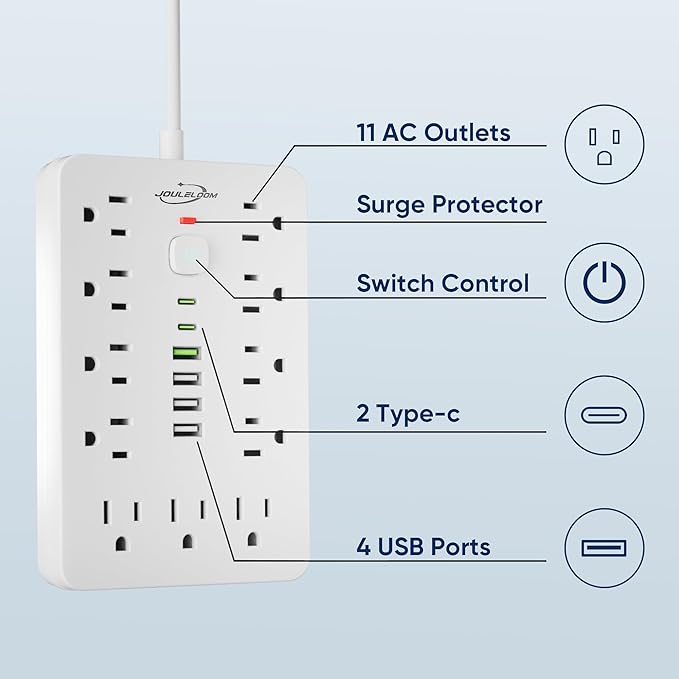 JouleLoom 20 FT Flat Plug Surge Protector Power Strip, 11 Multiple AC Outlets — view 3