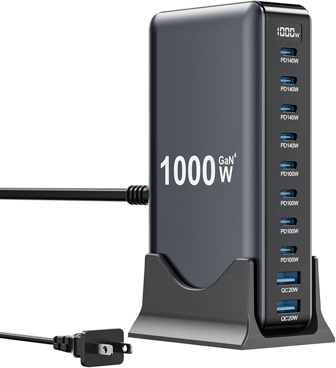 1000W USB C Charger Block, 10-Port USB C Charging Station GaN IV Travel