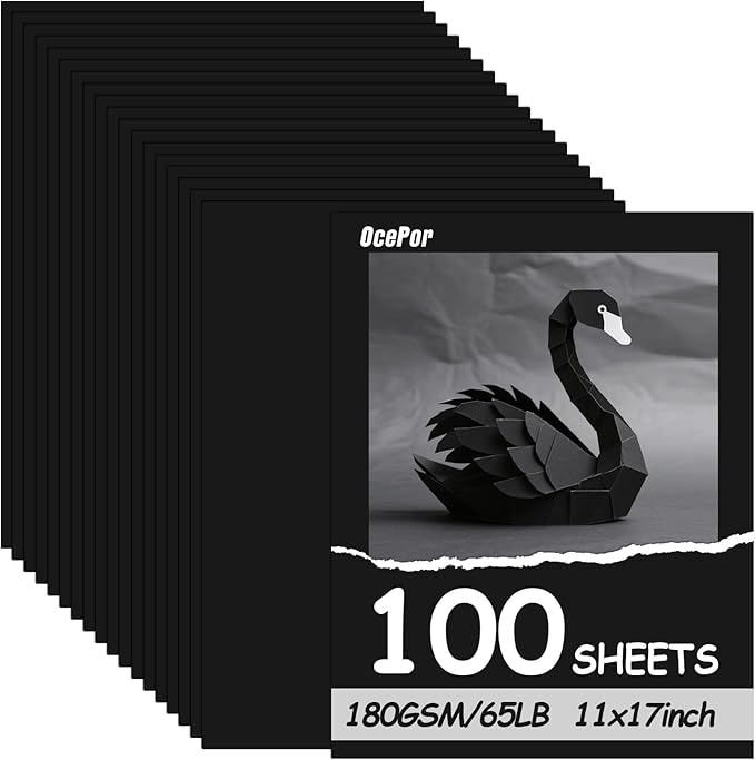 OcePor 100 Sheets Black Cardstock 11” x 17”, 65lb/180gsm Black Card Stock