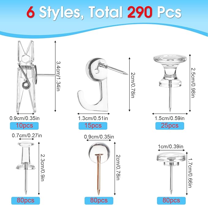 290 Pcs Push Pins, 6 Style Thumb Tacks Set — view 2