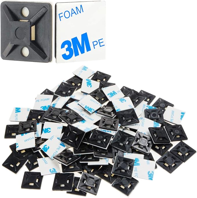 XHF 100 PCS 3/4" Black Self Adhesive Cable Zip Tie Mounts Wire Cable Clips